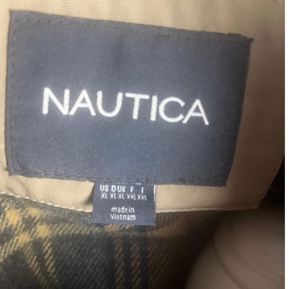 Nautica Womens Black Trench Coat Plaid Lined Tan Collar Cuffs Size L - Picture 8 of 12